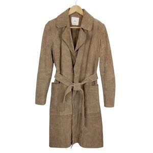 MNG Mango Women's Tan Suede Leather Belted Trench Coat Size Small
